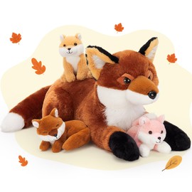 MorisMos Giant Fox Teddy Stuffed Animal, 55cm Brown Fox Mom with 3 Cuddly Babies Inside, Kawaii Big Fox Soft Plush Toy Large Present for Kids Birthday Christmas Deco