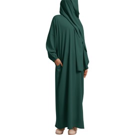 OBEEII Women's Muslim Dress Islamic Clothing – One Piece Plain Hijab Muslim Robe Islamic Robes Dubai Turkish Katfan Dress for Ramadan Prayer Party, Green
