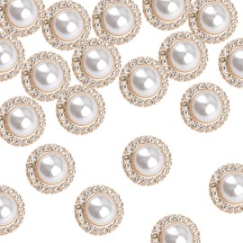 URROMA 30 Pcs Faux Pearl Buttons with Rhinestones, Gold Retro Vintage Pearl Acrylic Buttons, Round Crystal Buttons, Sew on Buttons, Embellishments for DIY Crafts, 23 mm