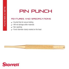 Starrett B565C Brass Drive Pin Punch, 4" Overall Length, 5/8" Pin Length, 1/8" Pin Diameter