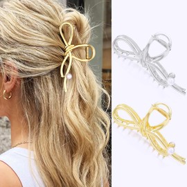 CAKURE Bow Claw Clip Gold Hair Clips Metal Claw Hair Clips Hair Accessories for Women and Girls (Pack of 2) (a-gold&silver)