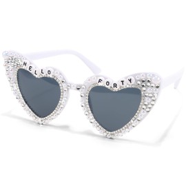 KICOSY HELLO FORTY Sunglasses - Heart-Shaped Birthday Glasses with Rhinestones & White Pearls - 40th Birthday Decorations for Women | Fabulous 40th Birthday Gifts