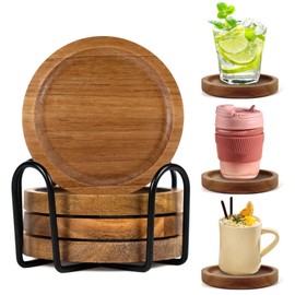 Juego de 4 posavasos de madera de acacia con soporte, posavasos de madera natural con patas de espuma, antideslizantes y resistentes al calor,...     
