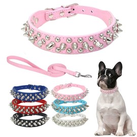 Spike Dog Collar and Leash Set, Studded Mushrooms Faux Pu Leather Durable Soft Metal Rivet Safe Spiked Cat Collars Adjustable for Small Medium Large Breed Dogs Kitten Pet Puppy Bulldog, Pink XS