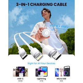 100W 5-in-1 Multi Charging Cable, 4FT Retractable USB C/A Cable, 5A Fast Charger Cord for Multiple Devices with Type C/Lightning/Micro Ports for iPhones, iPads, MacBook, Tablets, Galaxy, Note & More