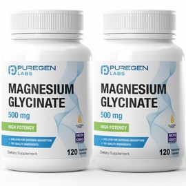P Puregen Labs- Glicinato de Magnesio 500mg [Alta Potencia] Tapas Vegetales, Queladas para una Absorción Superior, Sin OGM, NO                        