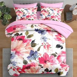 Pamnest Comforter Set Queen Size, Flower Floral Leaf 7 Pcs Bedding for Kids and Adults, Painting Summer Spring Bed Sheet Sets with Fitted Sheet 2 Pillowcases & 2 Shams for Bedroom Bed Decor