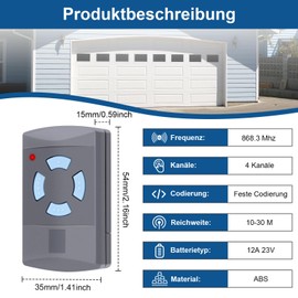 1 x Garage Door Handheld Transmitter for HSE2-868, HSM4-868, HS4-868, Compatible with Blue Buttons 868.3 MHz Garage Remote Control, 4 Channels