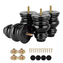 4 Inch Black Wood Furniture Legs Set of 4 Round Replacement Wooden Bun Feet for Couch Sofa Ottoman Nightstands