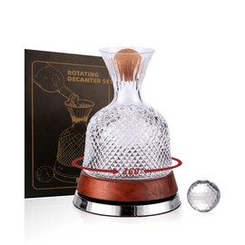 Rotating Wine Decanter Set with Solid Wood Base, Fun Crystal Glass Wine Carafe, Red Wine Decanter, Wine Accessories, Wine Gifts, Perfect for Home Bar (Silver Accents)