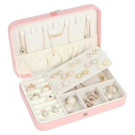 Hatori Travel Jewelry Case for Women, Portable PU Leather Travel Jewelry Organizer Box for Necklace Earrings Ring Bracelet, Small Jewelry Box Gifts for Teen, Girls, Moms and Daughters, Pink.