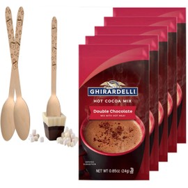 Concession Essentials Ghirardelli Double Chocolate Hot Cocoa Mix Packets, 5 Pack with Printed Wooden Spoons