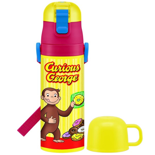 Skater SKDC4-A Children's 2-Way Stainless Steel Water Bottle with Cup, Curious George, 15.2 fl oz (430 ml), Boys
