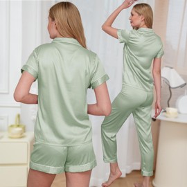 WJing Yi Jia Womens Pajama Sets 3Pcs Silk Satin Pajamas Set XS-2XL Sleepwear Silky Pj Sets Nightwear Pjs Loungewear