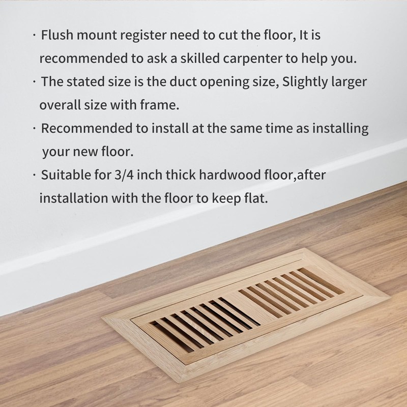 Oak Floor Register for 6x12 Inch Duct Holes - Flush