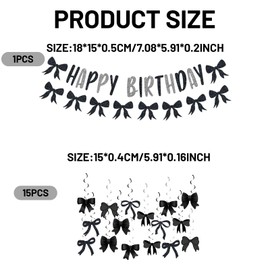 2-Piece Set Black Birthday Decorations, Black Happy Birthday Banner with Bow Garland and Hanging Swirls, Ideal for Girls Birthday Party, Baby Shower