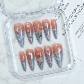 Long Almond Press on Nails Thick Handmade Nails with Glue,5D Lotus Flower Art Nude Pink False Nails Luxury Flash Koi Designs Press ons Muti-Layer Gel 100% Handmade Nail for Women (Size S)