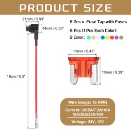 DMiotech Fuse Tap 24V 12V Car Add A Circuit Adapter Blade Fuse Taps Kit 3A, 5A, 7.5A, 10A, 15A, 20A, 25A, 30A Fuses for Automotive Trucks Marine, 6pcs 8 Color