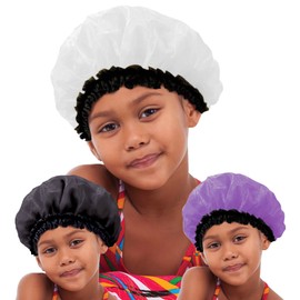 DONNA Kids Satin Bonnet, Sleeping Cap 3pc Hair Bonnet Soft Satin Kids Hair Bonnet(Black/Purple/White)