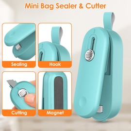 FEPPO 2 Pack Bag Sealer, Mini Bag Sealer 2 in 1 Handheld Chip Bag Sealer Heat Seal and Cutter with Lanyard, Portable Resealer for Snacks Plastic Bag Food Storage, Pink/Green (Batteries Included)
