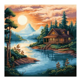 Cukol Cukol 11ct Cross Stitch, 11 Count Counted Stamped Pre Printed Cross Stitch Embroidery Kits for Adults Beginners Starter Advanced Easy Crossstitch Lakeside Landscape Patterns Set Wall Decor 40x40