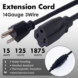 PALARINE 6ft Black Outdoor Extension Cord Waterproof, UL Listed, 14/3 SJTW Heavy Duty 3 Prong, 14 Gauge 15A Power Cord Ideal for Indoor Outdoor Lights, Appliances, and Lawn