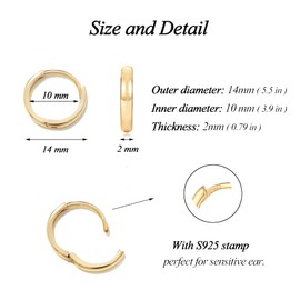 Small Gold Hoop Earrings, 925 Sterling Silver Post Lightweight Sleeper Hoops Earring Gold Earrings for Women Girls Men Gifts Diameter 10mm Thickness 2mm