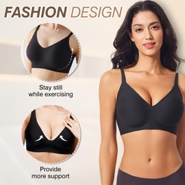 Greoay Bras for Women Seamless Wire-Free Push Up Bras Full Support T-Shirt Bra V Neck Wireless Comfortable Adjustable Bra Elegant Black