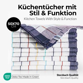 Sterzbachs 100% Cotton Kitchen Towels, 50 x 70 cm, Set of 10, 200 GSM, High-Quality Cotton Tea Towels, Dish Towels, Dishcloths, Super Absorbent and Sustainable Chequered, Premium Blue