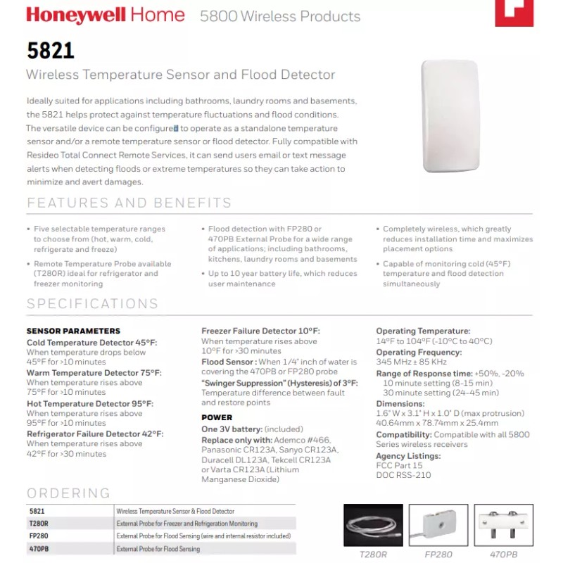 Honeywell 5821 Wireless Temperature Sensor & Flood Detector NEW FRESH