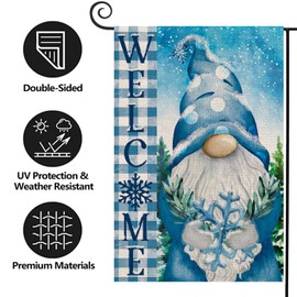 Texupday Welcome Winter Blue Gnome Snowflakes Polka Dots Hat Buffalo Plaid Decor Christmas Double Sided Vertical Burlap Garden Flag Rustic Farmhouse Party Outdoor Yard Banner 12" x 18"