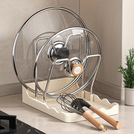 Dhlxyzt Pot lid Holder And Spoon Rest, 2 Layers Lid And Spoon Rest Pot Lid Organizer With Drip Tray, Multifunctional Utensils Pan Pot Cover Lid Rack Shelf for Pot Lids, Spatulas, Spoons (White)