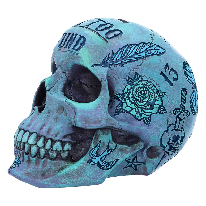 Nemesis Now Aqua Blue Traditional, Tribal Tattoo Fund Skull, Polyresin,