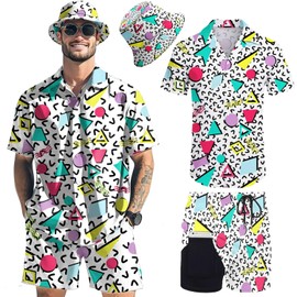 Mens Short Sets 80s 90s Outfits for Men 2 Piece Retro Tracksuit Hawaiian Shirts Matching Party-Memphis Geometric White M