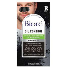 Bioré Men's Oil Control Charcoal Deep Cleansing Pore Strips, Blackhead Remover for All Skin Types, 18 Count - Removes Dirt, Oil, & Blackheads, Reduces Pore Size