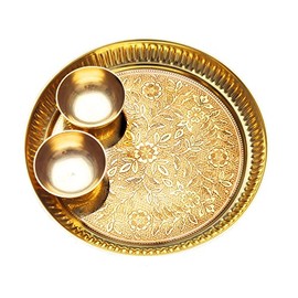 Decorative Brass Plate, Decorative Indian Prasad Plate with Katori Patra for Pooja Pooja Utensils Pooja Item Articles New Year (Size 7" Diameter) Patra (Set of 2 Katori)