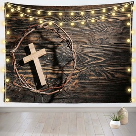 Loccor Jesus Crown Thorns Tapestry Wreath of Thorns and Cross on Wood Crucifixion Of Jesus Christ Tapestry for Easter Religious Faith Decor Church Decor 60''x40''