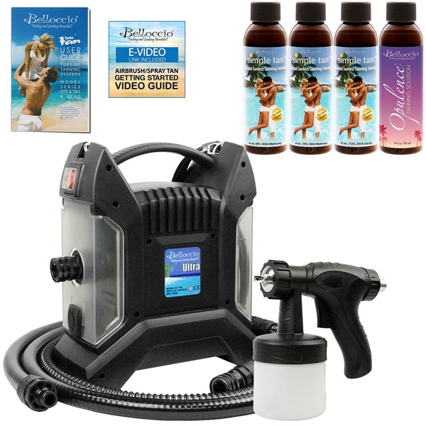 Ultra Pro T85-QC High Performance Sunless Turbine Spray Tanning System; Belloccio 4 Solution Variety Pack & User Guide Video Link