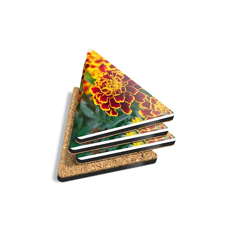 4 x Triangle Coasters - French Marigold Flowers Cork Backed
