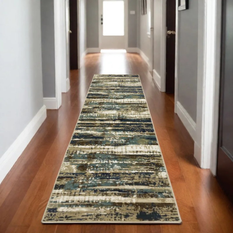 Homeroots 8' Beige And Blue Abstract Runner Rug