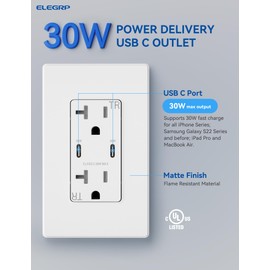 ELEGRP USB Outlet Receptacle, 30W Fast Charge & Power Delivery USB C Wall Outlet, 20 Amp Wall Outlet with USB C Ports, Tamper Resistant, UL Listed, Wall Plate Included, 2 Pack, Matte White