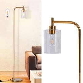 DLLT Floor Lamp Tall for Room: Gold Standing Lamp with Seeded Glass Lampshade for Living Room - Modern Bright Lamp for Bedroom - Industrial Corner Floor Lamps for Office 8W Led Bulb Included