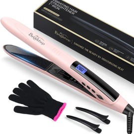 Brightup Hair Straightener Ceramic Flat Iron, Rapid 20S Heat Up, Vibrating Hair Straightener and Curler 2 in 1 with 10 Temperature Control and Auto Shut Off for Super Smooth Finish, 1" Plates, Pink