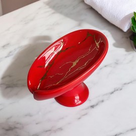 Luxury Porcelain Soap Dish Holder for Bathroom, Ceramic Soap Tray with Drainage Hole, Soap Saver (1, red)