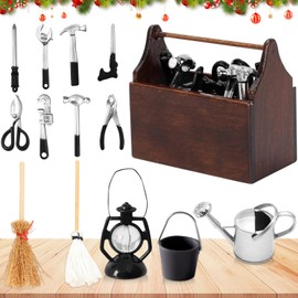 Gnome Accessory Set, 1/12 Miniature Tool Box, 14 Pieces Gnome Accessories Christmas, Miniature Gnome Accessories, Mini Wooden Tool Box with Tools, DIY Decoration, Gift for Dollhouse