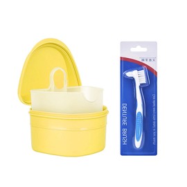 Dentures Cleaning Kit, False Teeth Storage Box with Brush, Filter Lifting Design, Comfortable and Durable, Effectively Reduces the Growth of Bacteria (Yellow)