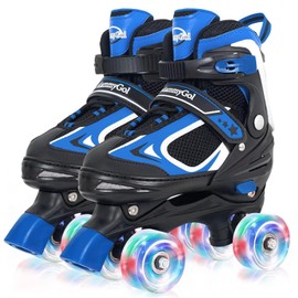 MammyGol Roller Skates for Boys Girls, 4 Sizes Adjustable Quad Skates for Kids with All Light up Wheels, Full Protection for Toddler's Indoor and Outdoor Play Blue Size 10C 11C 12C 13C