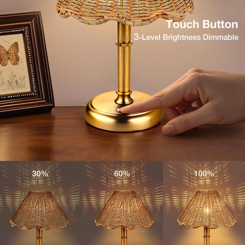 Folux Mini Cordless Boho Rattan Table lamp, 5200-mAh Rechargeable Battery,