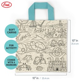 Genuine Fred KIT AND CADOODLE Beach Scene, Color In Canvas Tote Bag, 10" x 10", Fun Activity for Kids, Includes 4 Markers