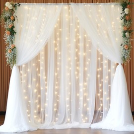 PARTISKY 20x10ft White Tulle Backdrop Curtain with Lights String for Parites, Sheer Backdrop Curtains for Wedding Baby Shower Birthday Party Photo Shoot Decorations
